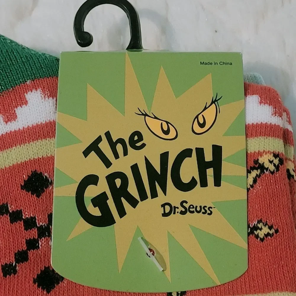 Bioworld Grinch Crew Socks 2 Pair Christmas Mens Sock Size 10-13 Shoes 8-12 New